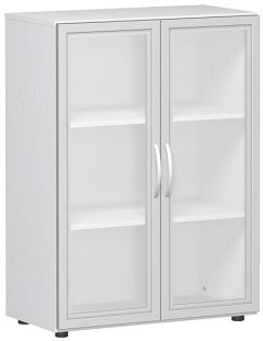 Flügeltürenschrank mit satinierten Glastüren im Holzrahmen, mit Standfüßen, inkl. Türdämpfer, nicht abschließbar, 800x420x1104, Weiß