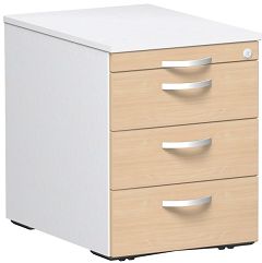 Rollcontainer 3 Kunststoff-Schubfächer und Utensilienschubfach, Metall-Rollschubführung, Zentralverriegelung, verdeckte Doppel-Lenkrollen, 438x600x565, Buche/Weiß