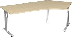 Schreibtisch 135° rechts höhenverstellbar, 2166x1130x680-820, Ahorn/Silber
