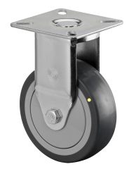 Apparaterolle A310.A89.075, Produkttyp: Bockrollen, Befestigung: Anschraubplatte, Ø Schraubloch: 6.3 mm, Material/Art des Radkörpers: Kunststoff, Material der Lauffläche: thermoplastischer Gummi grau, elektrisch leitfähig, Lager: Kugellager, Ø Rad:  75 mm