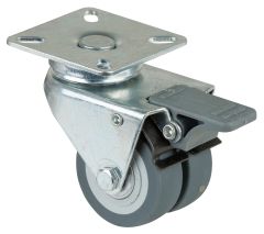 Apparatedoppelrolle B120.A85.050, Produkttyp: Lenkrollen mit Feststeller, Befestigung: Anschraubplatte, Ø Schraubloch: 6.2 mm, Material/Art des Radkörpers: Kunststoff, Material der Lauffläche: thermoplastischer Gummi grau, Lager: Kugellager, Ø Rad:  50 mm