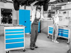Mobile Werkbank Tiefe 736 mm, R 18-24, 4 x Schublade, 1 x Flgeltre mit 1 x Fachboden