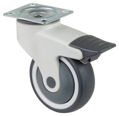 Kunststoffrolle C120.A82.100, Produkttyp: Lenkrollen mit Feststeller, Befestigung: Anschraubplatte, Ø Schraubloch: 8.1 mm, Material/Art des Radkörpers: Kunststoff, Material der Lauffläche: thermoplastischer Gummi grau, Lager: Kugellager, Ø Rad:  100 mm, T