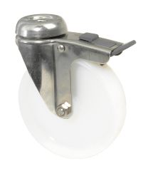 Edelstahl Apparaterolle G121.A90.120, Produkttyp: Lenkrollen mit Feststeller, Befestigung: Rückenloch, Material/Art des Radkörpers: Kunststoff, Material der Lauffläche: Kunststoff, Lager: Gleitlager, Ø Rad:  125 mm, Tragkraft: 100 kg