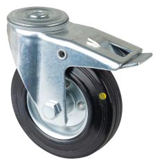 Transportrolle L121.B58.125, Produkttyp: Lenkrollen mit Totalfeststeller, Befestigung: R�ckenloch, Material/Art des Radk�rpers: Stahlfelge, Material der Lauffl�che: Gummi schwarz, elektrisch leitf�hig, Lager: Rollenlager, � Rad:  125 mm, Tragkraft: 100 kg