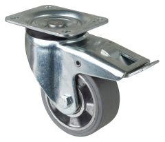 Schwerlastrolle L620.B83.125, Produkttyp: Lenkrollen mit Feststeller, Befestigung: Anschraubplatte, Ø Schraubloch: 11 mm, Material/Art des Radkörpers: Aluminium, Material der Lauffläche: Elastikgummi grau, Lager: Kugellager, Ø Rad:  125 mm, Tragkraft: 220