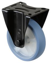 Transportrolle L810.B44.126.05, Bockrollen, Anschraubplatte, Material/Art des Radkörpers: Kunststoff natur, Material der Lauffläche: thermoplastischer Gummi hellblau, Lager: Rollenlager, Ø Rad:  125 mm, Tragkraft: 120 kg