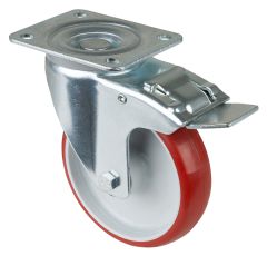 Transportrolle LB520.B31.125, Produkttyp: Lenkrollen mit Totalfeststeller, Befestigung: Anschraubplatte, � Schraubloch: 11 mm, Material/Art des Radk�rpers: Kunststoff, Material der Lauffl�che: Polyurethan rot 98 +/-4 Shore A, Lager: Rollenlager, � Rad:  1