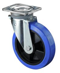 Schwerlastrolle N100.B61.200, Produkttyp: Lenkrollen, Befestigung: Anschraubplatte, Ø Schraubloch: 11 mm, Material/Art des Radkörpers: Kunststoff, Material der Lauffläche: Elastikgummi blau, Lager: Rollenlager, Ø Rad:  200 mm, Tragkraft: 400 kg