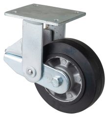 Gefederte Schwerlastrolle T110.B80.160, Produkttyp: Bockrollen gefedert, Befestigung: Anschraubplatte, Ø Schraubloch: 10 mm, Material/Art des Radkörpers: Aluminium, Material der Lauffläche: Elastikgummi schwarz, Lager: Kugellager, Ø Rad:  160 mm, Tragkraf